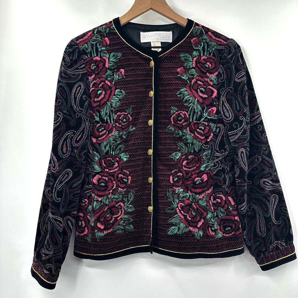 Vintage 80s Bonwit Teller Velvet‎ Floral Jacket Button Front Size M